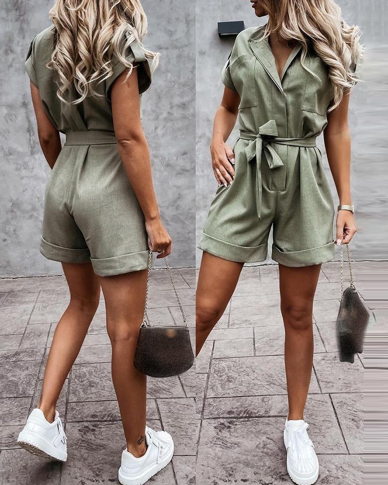 

Button Front Pocket Design Casual Romper, Green