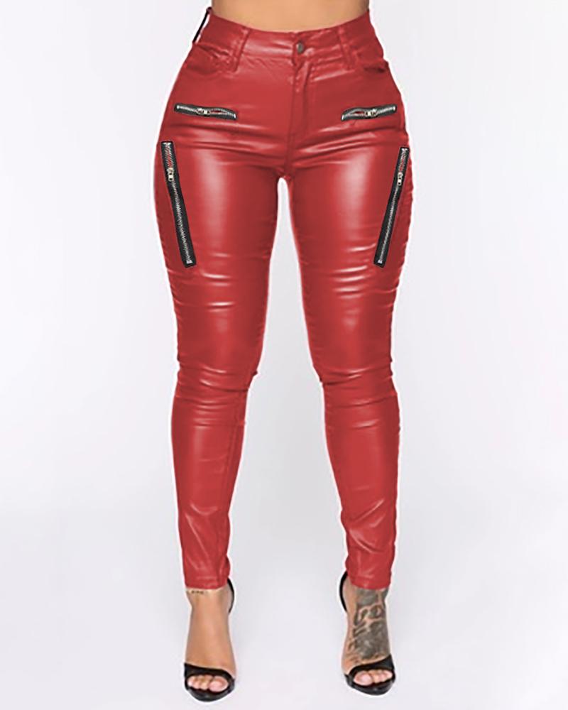 

PU Leather Zipper Design Pocket Design Pants Plain PU High Waist Slim Skinny Pants, Red