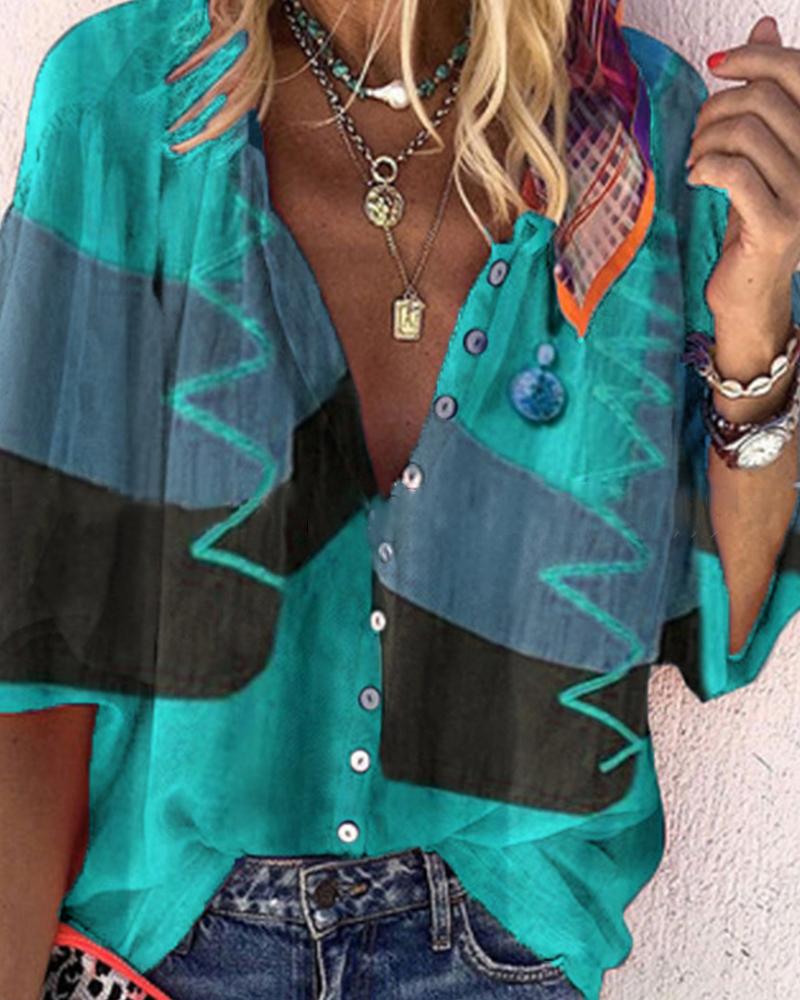 

Color Block Long Sleeve Shirt, Blue