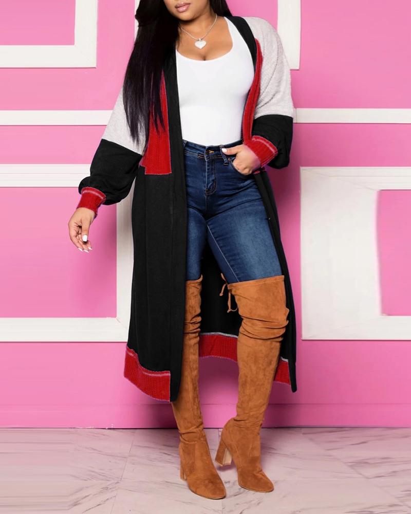 

Colorblock Lantern Sleeve Longline Cardigan, Black