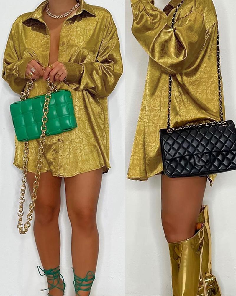 

Long Sleeve Buttoned Shirt Dress, Gold