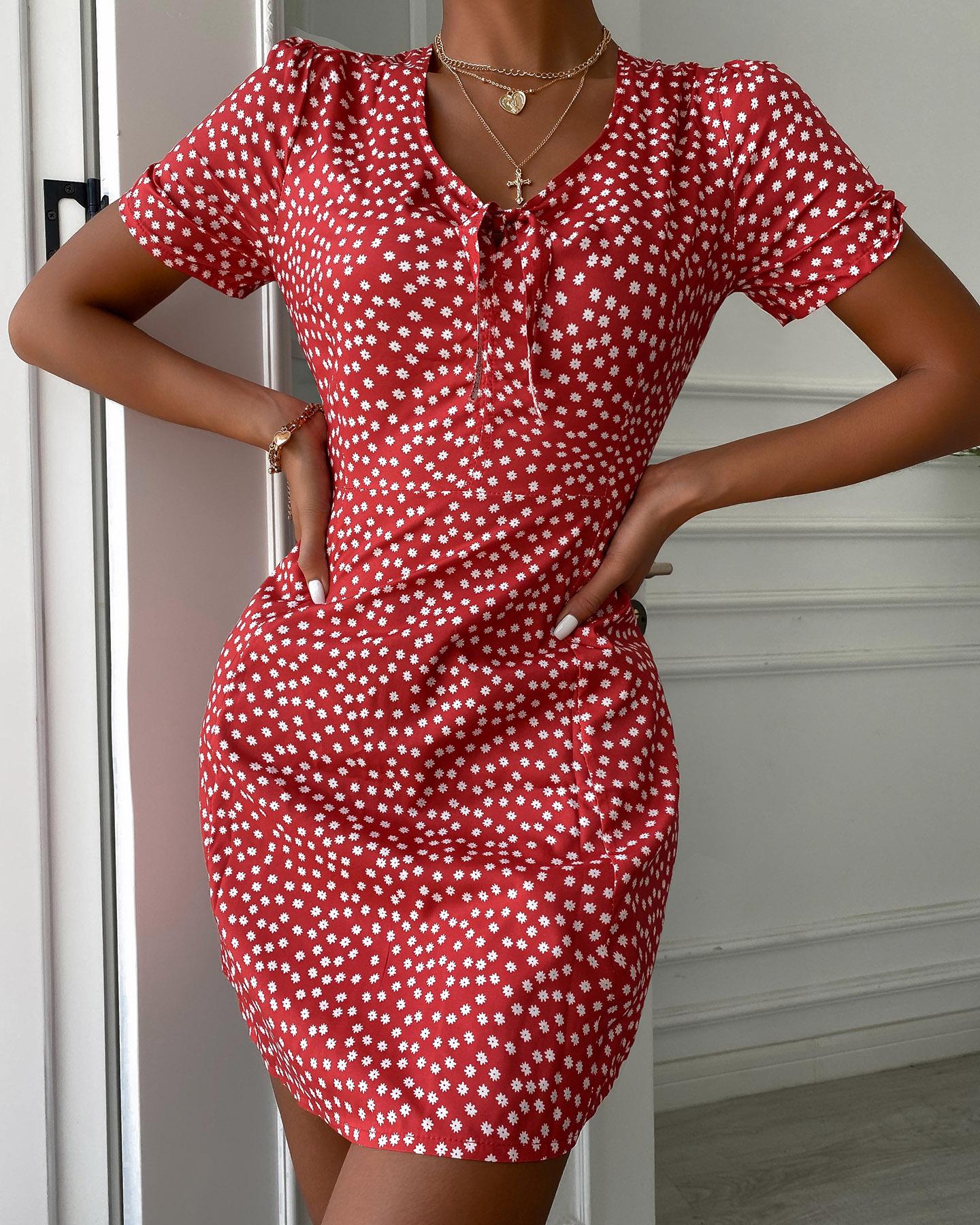 

Floral Dot Tie Front Mini Dress, Red