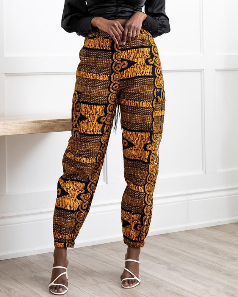 

Graphic Print Buttoned Pocket Design Cuffed Pants, Yellow