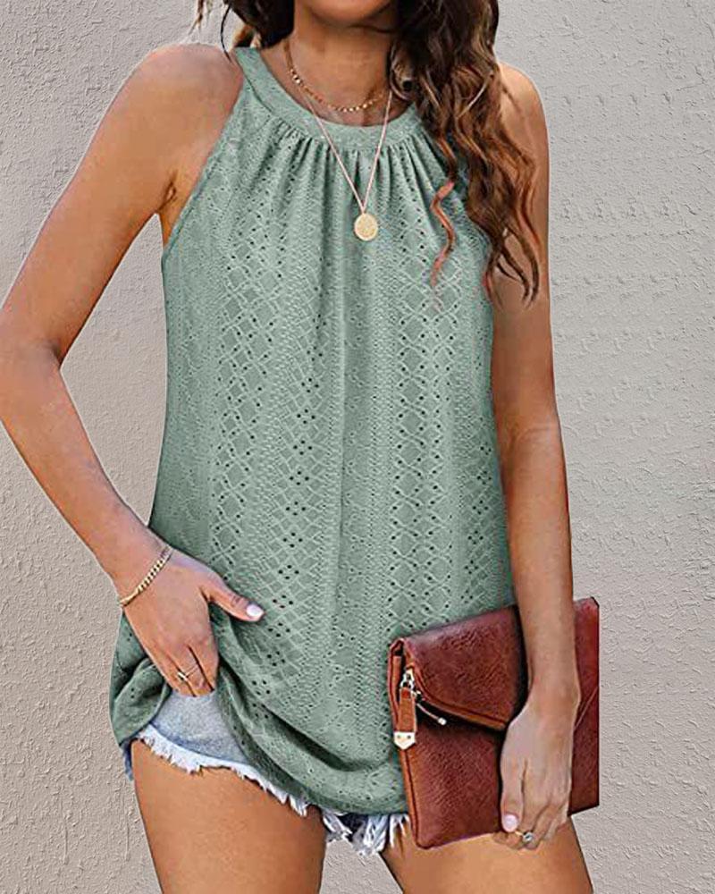 

Eyelet Embroidery Ruched Casual Tank Top, Green