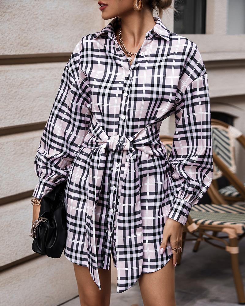 

Plaid Print Long Sleeve Tied Detail Shirt Dress, Khaki