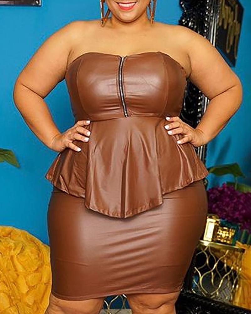 

Plus Size PU Leather Zipper Design Top & Skirt Set, Brown