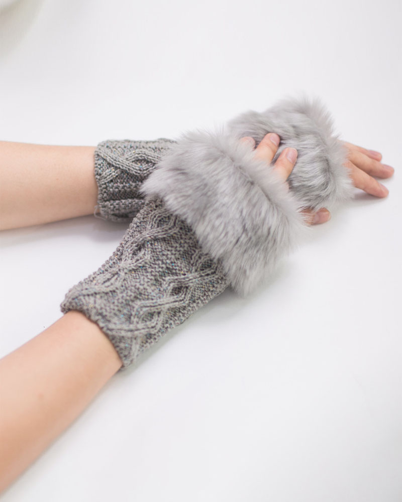 

Christmas Fuzzy Trim Fingerless Knit Gloves, Light gray