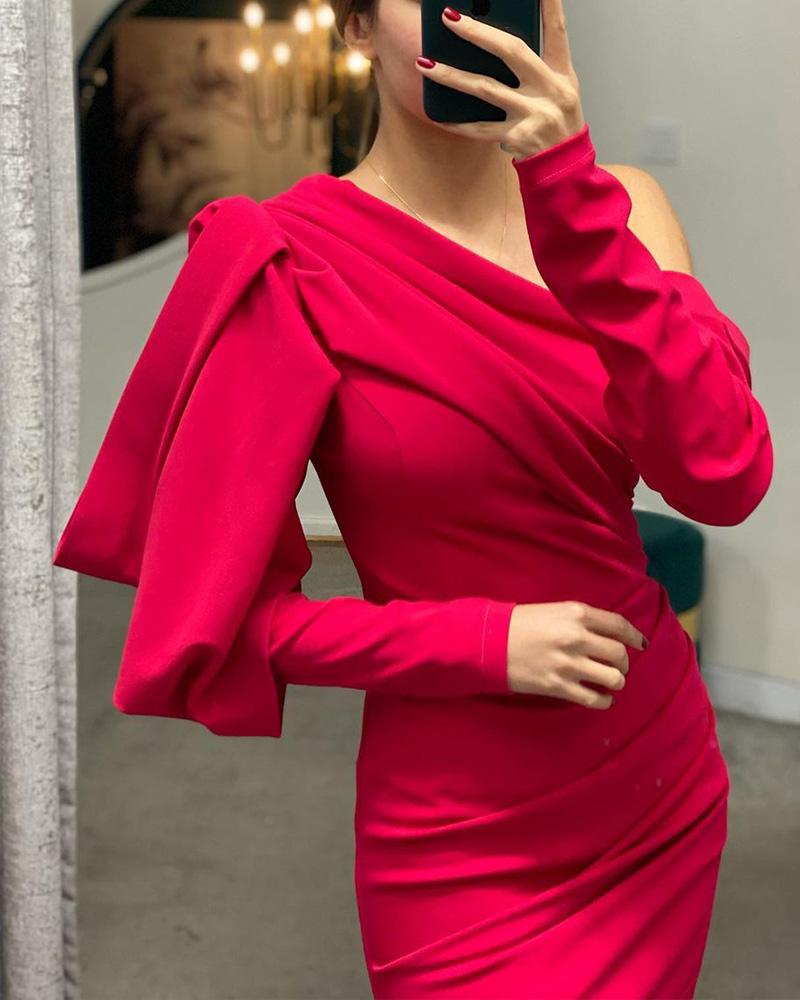 

Gigot Sleeve Split Thigh Ruched Party Dress, Hot pink