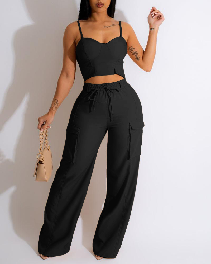 

Crop Cami Top & Pocket Design Pants Set, Black