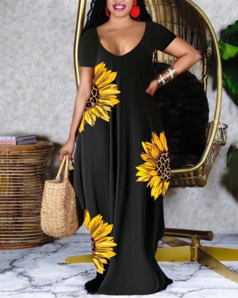 

Plus Size Sunflower Print Short Sleeve Maxi Dress, Black