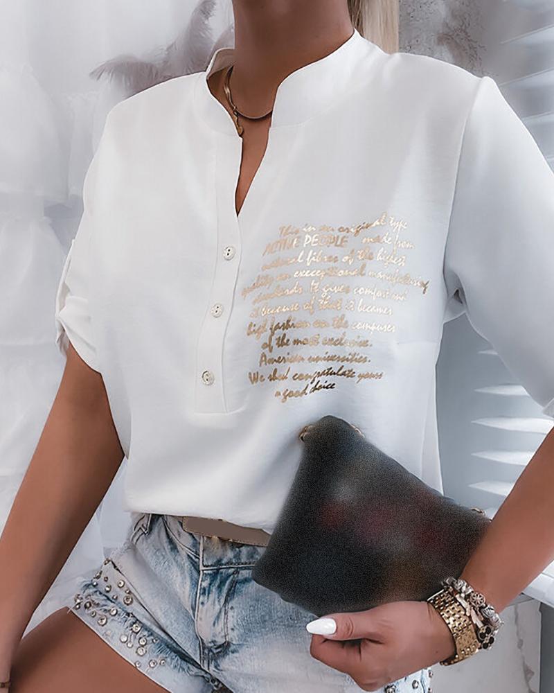 

Letter Print Short Sleeve Buttoned T-shirt, White