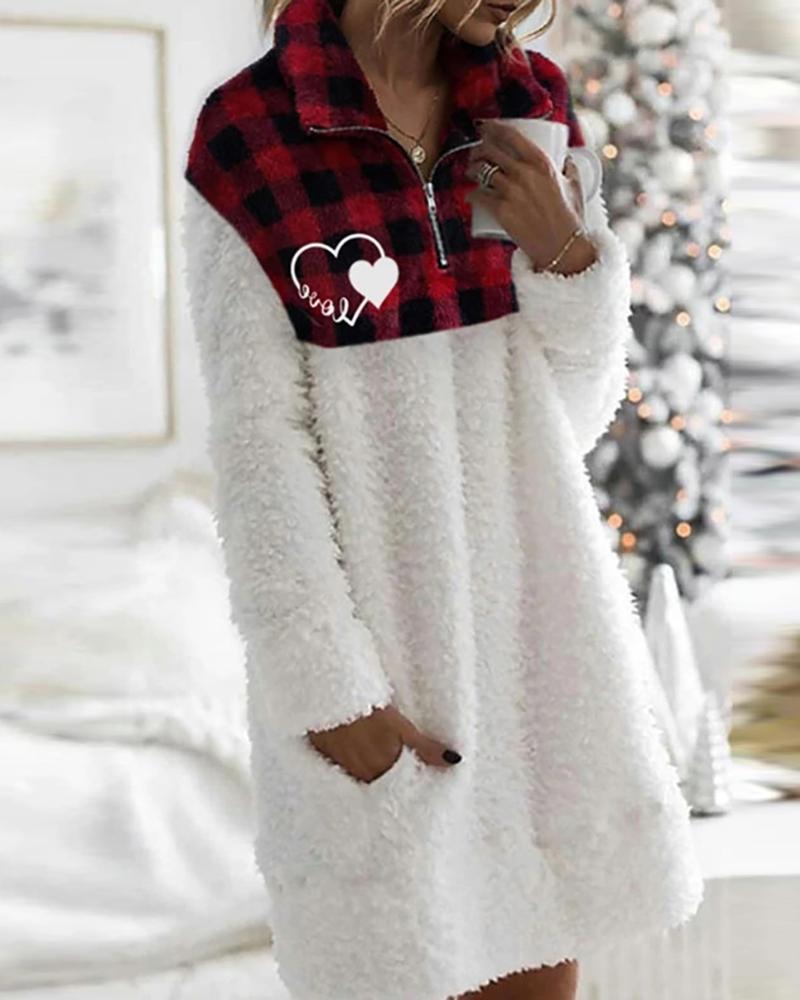 

Heart Letter Plaid Print Zipper Design Sweatshirt Dress, White