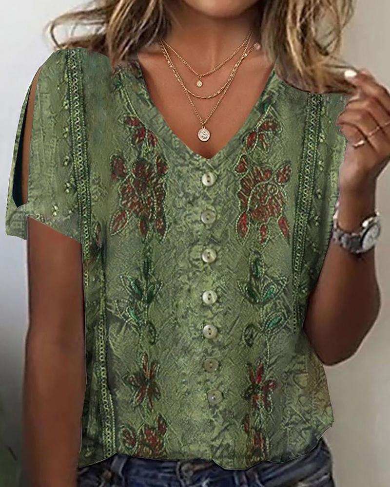 

Vintage Floral Print Button Front V-Neck Top, Green