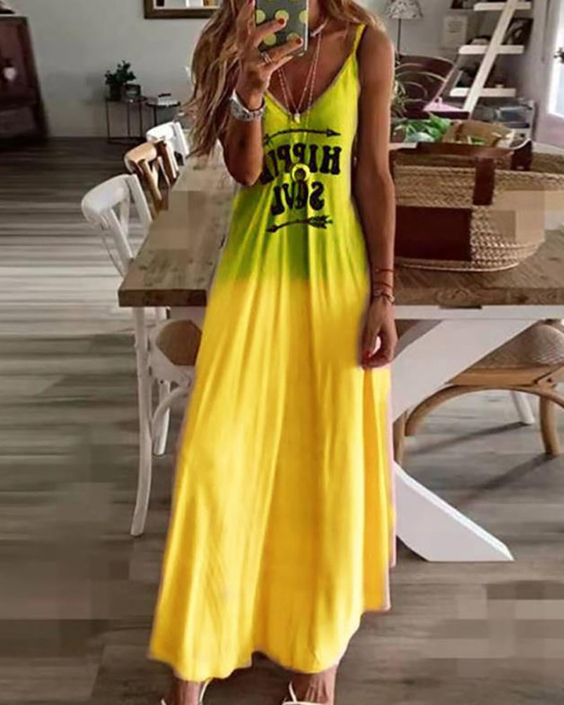 

Letter Print Colorblock V-Neck Maxi Dress, Yellow