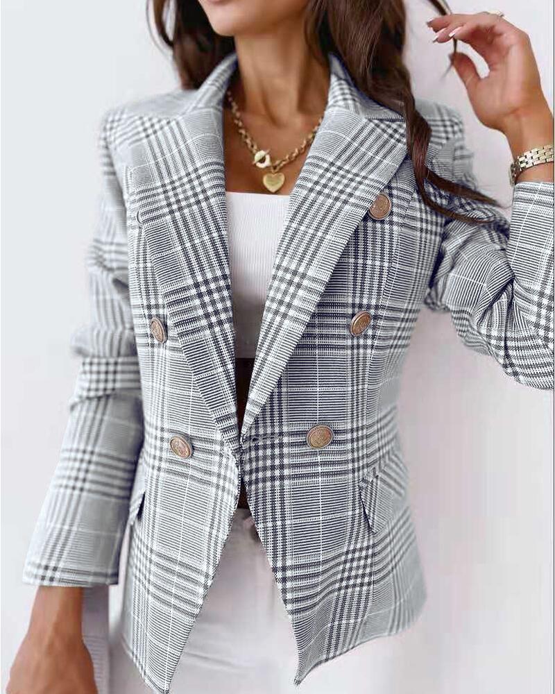 

Plaid Lapel Collar Double Breasted Blazer Coat, Gray