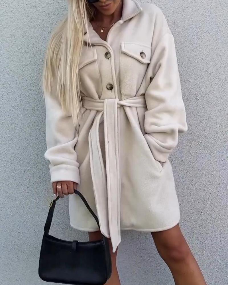 

Pocket Design Buttoned Tied Detail Coat, White