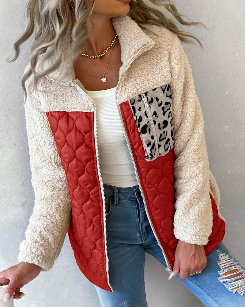 Leopard Patchwork Colorblock Zipper Fly Puffer Teddy Coat