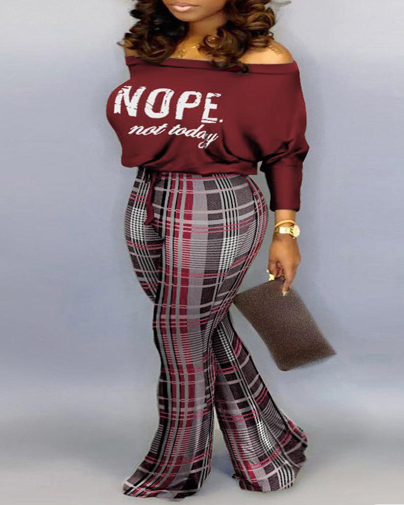 

Plus Size Nope Not Today Plaid Print Off Shoulder Flared Jumpsuit, Red