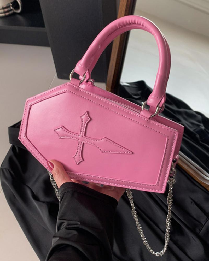 

Cross Pattern Chain Decor Coffin Shaped Crossbody Bag, Pink