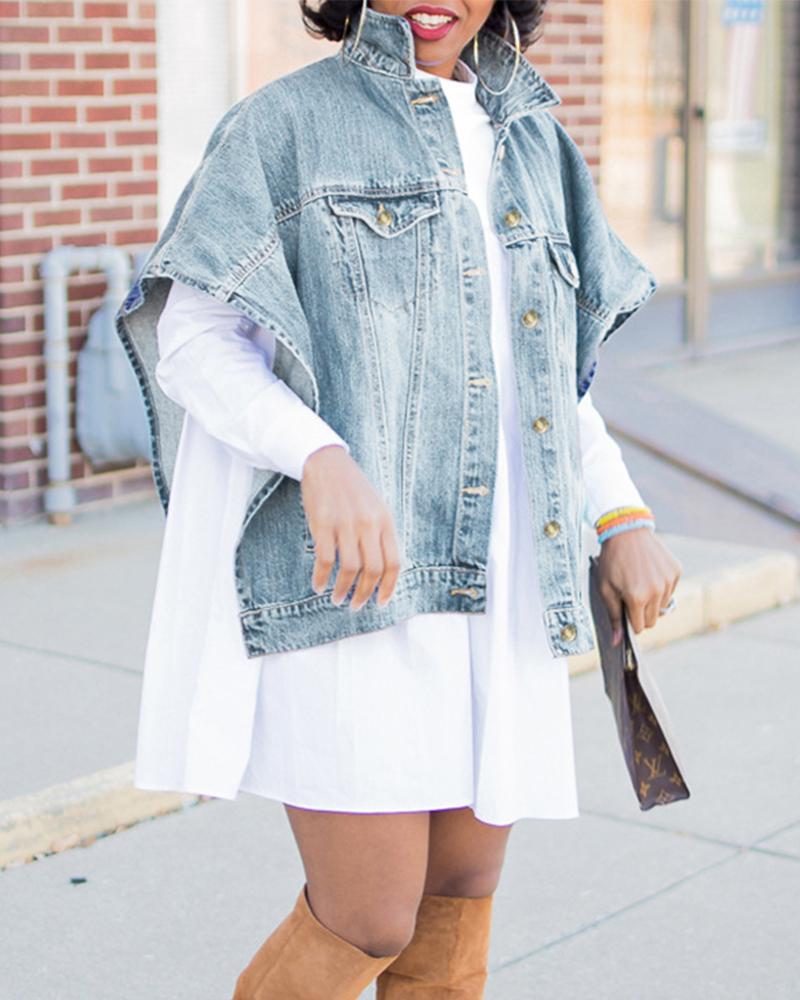 

Plus Size Batwing Sleeve Buttoned Denim Coat, Blue