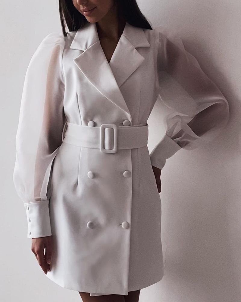 

Contrast Mesh Puff Sleeve Double Breasted Blazer Dress With Belt, White