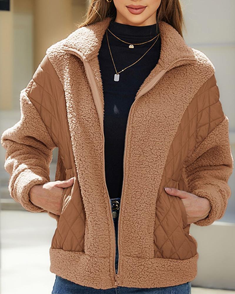 

Women's Pocket Design Patchwork Long Sleeve Fluffy Teddy Puffer Coat, Brown