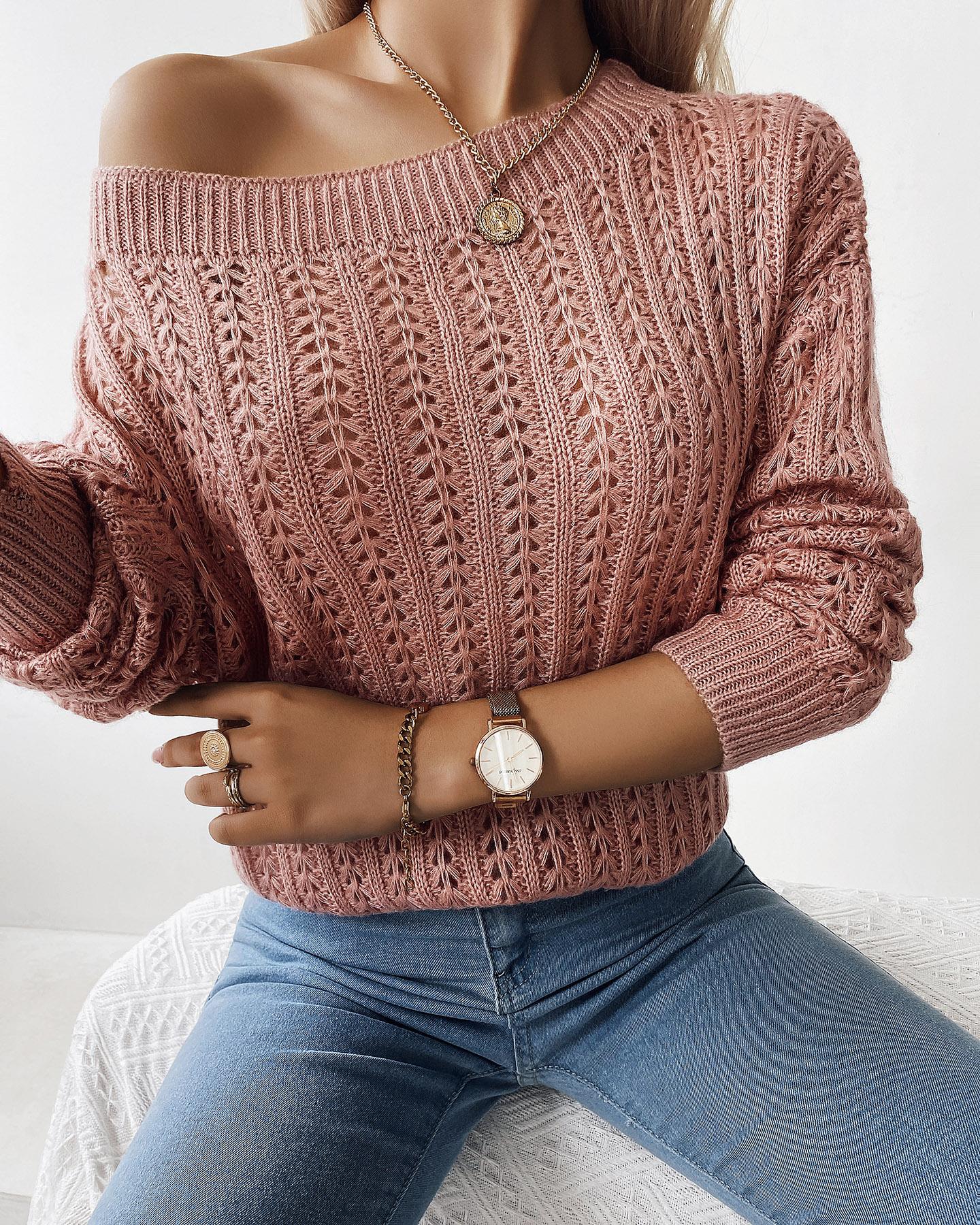

Long Sleeve Open Knit Sweater, Pink