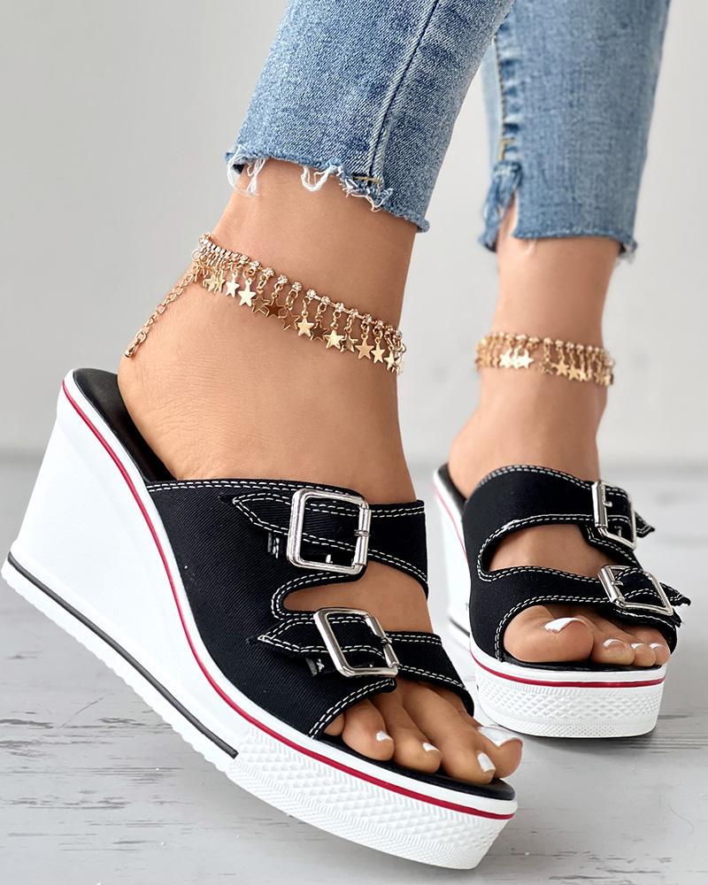 

Canvas Buckled Cutout Wedge Sandals, Black