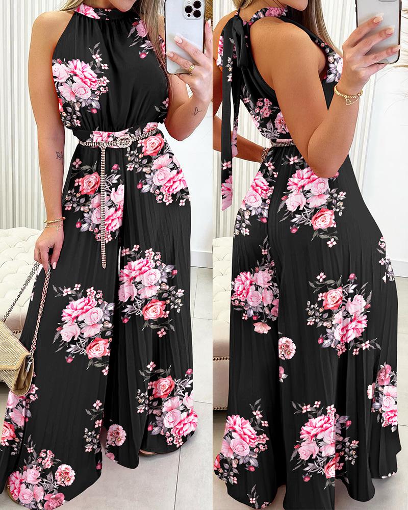 

Floral Print Sleeveless Pleated Wide Leg Jumpsuit, Black