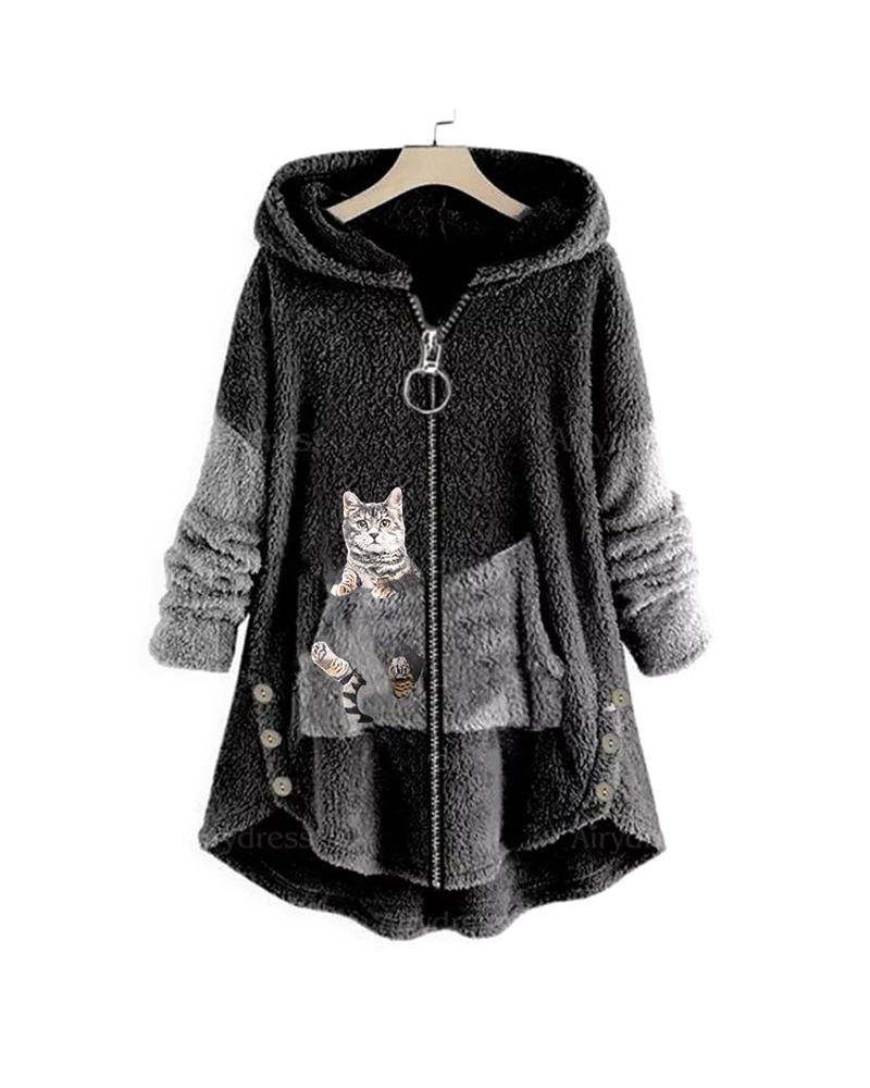 

Plus Size Cat Print Long Sleeve Hooded Zip Up Teddy Coat, Dark grey