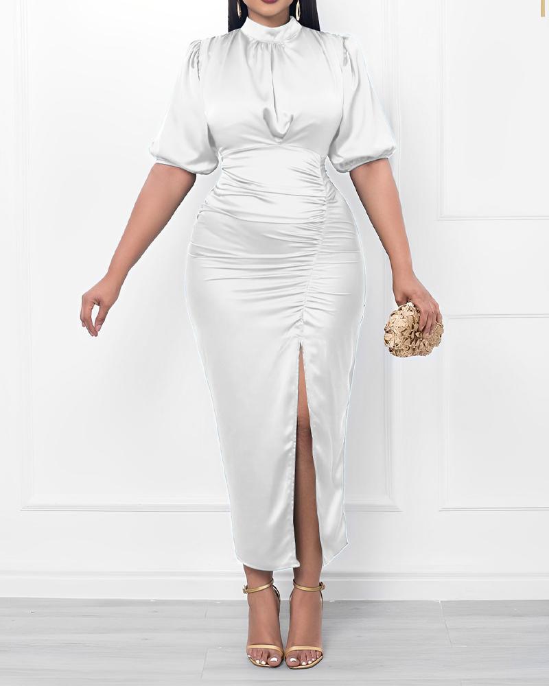 

Puff Sleeve Ruched High Slit Party Dress, White