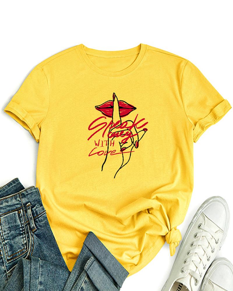 

Lip Slogan Letter Print Round Neck Short Sleeve Basic Cotto Top, Yellow