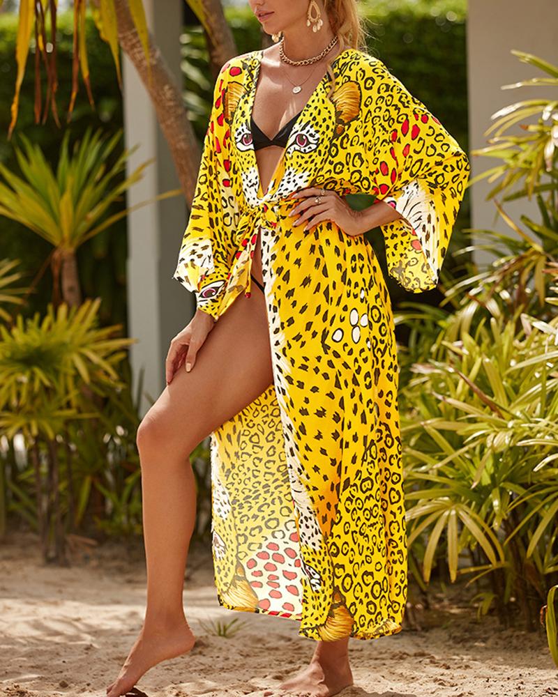 

Cheetah Print Open Front Cover Up Dress, Yellow