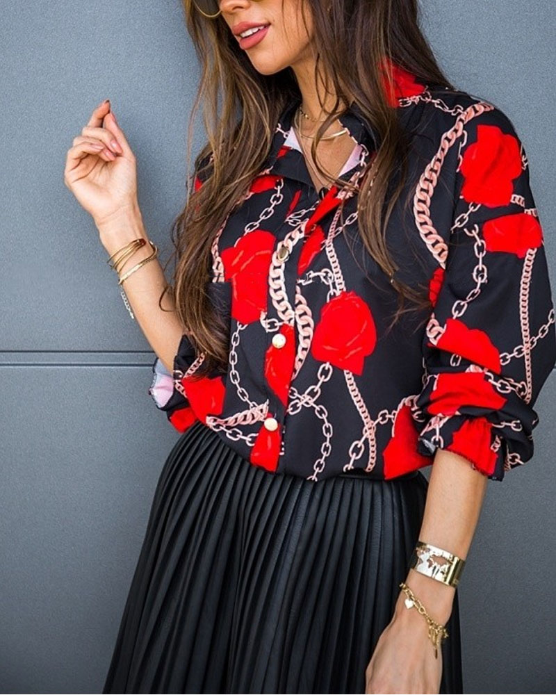 

Chain Floral Print Button Down Shirt, Red
