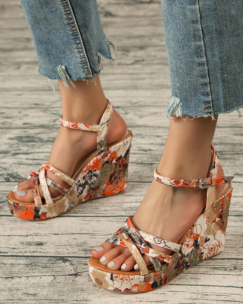 

Floral Print Strap Wedge Shoes Sandals, Red