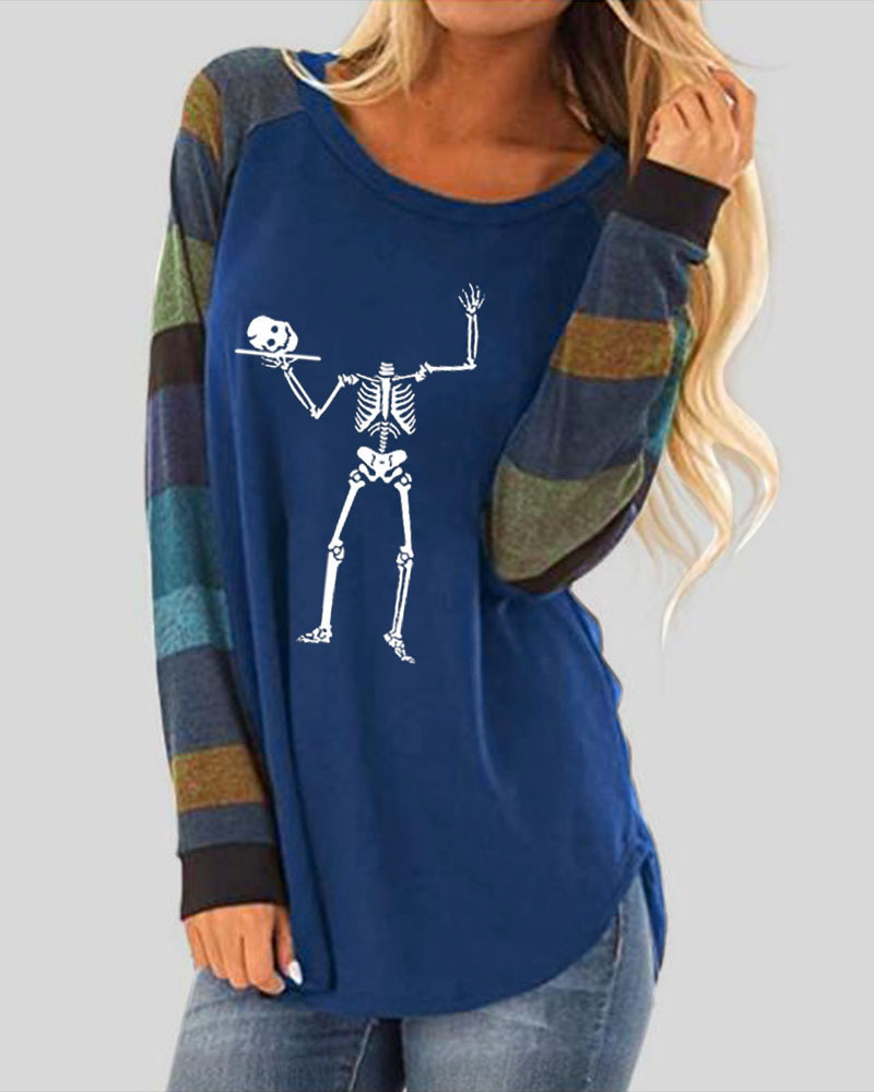 

Halloween Skeleton Print Striped Long Sleeve Top, Blue