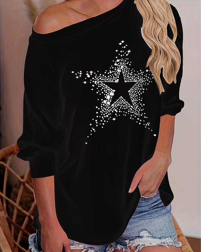 

Rhinestone Star Pattern Round Neck Top, Black