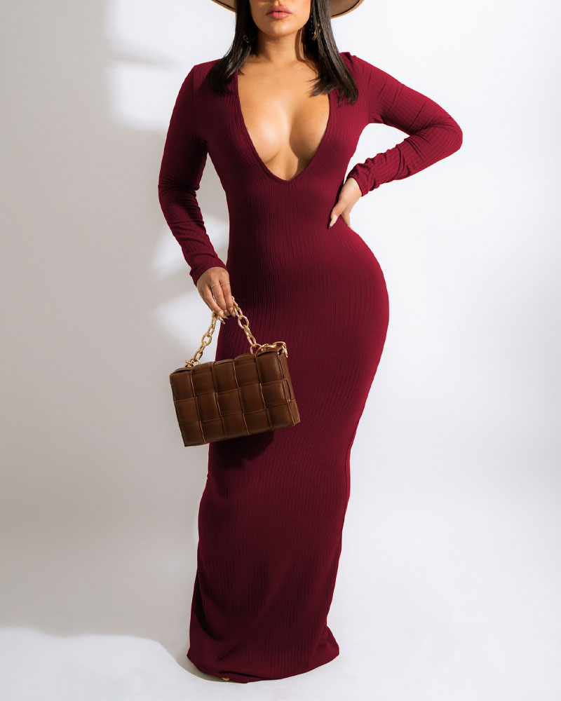 

Long Sleeve Deep V-Neck Ribbed Bodycon Dress, Wine red