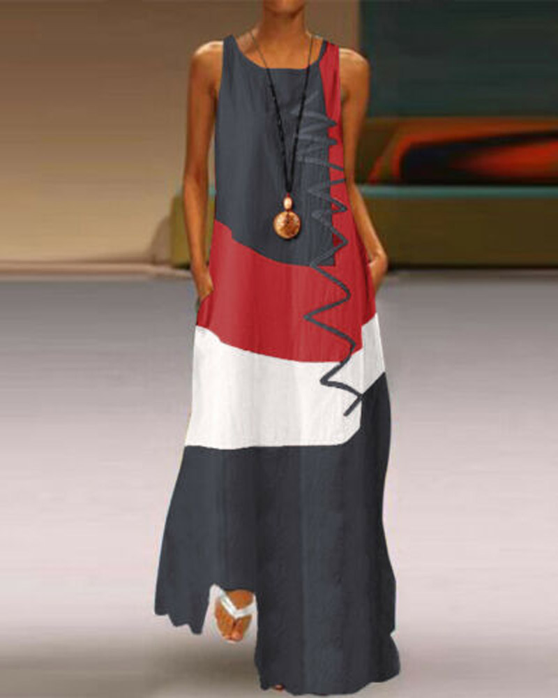 

Colorblock Pocket Detail Casual Tank Dress, Gray