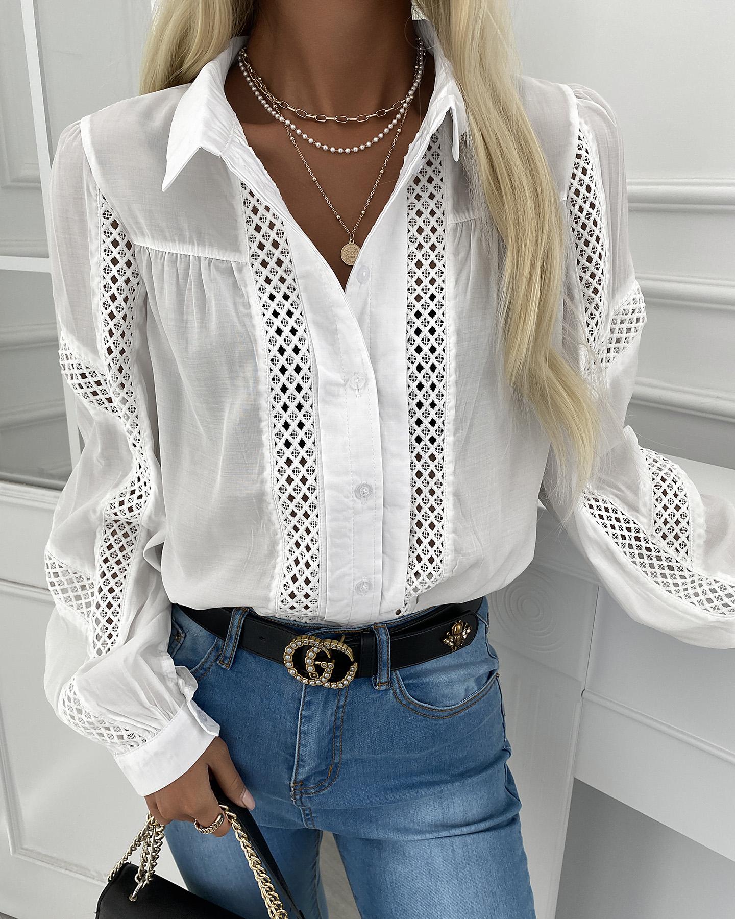 

Hollow Out Long Sleeve Casual Shirt, White