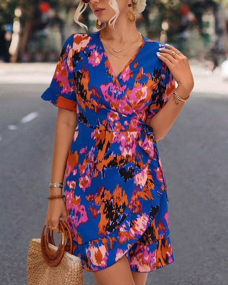 

Tie Dye Print Ruffle Hem Wrap Dress, Blue
