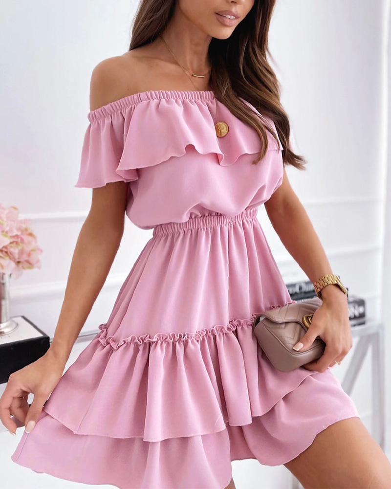

Off Shoulder Ruffle Hem Flowy Swing Dress, Pink