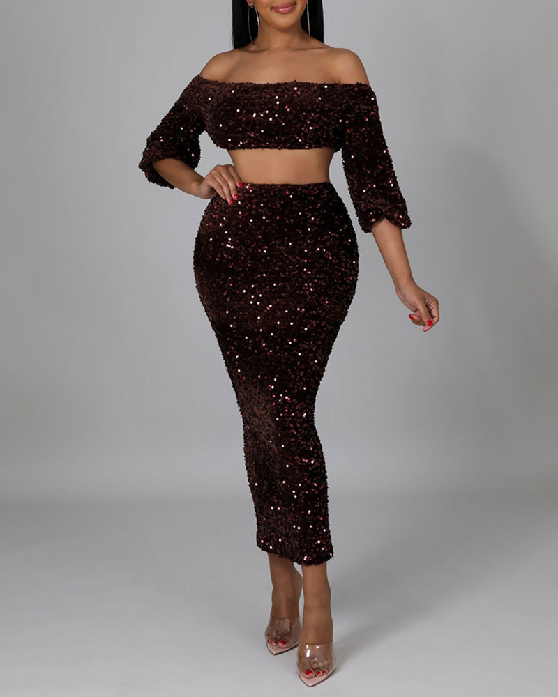 

Sequins Off Shoulder Lantern Sleeve Crop Top & Slit Skirt Set, Wine red