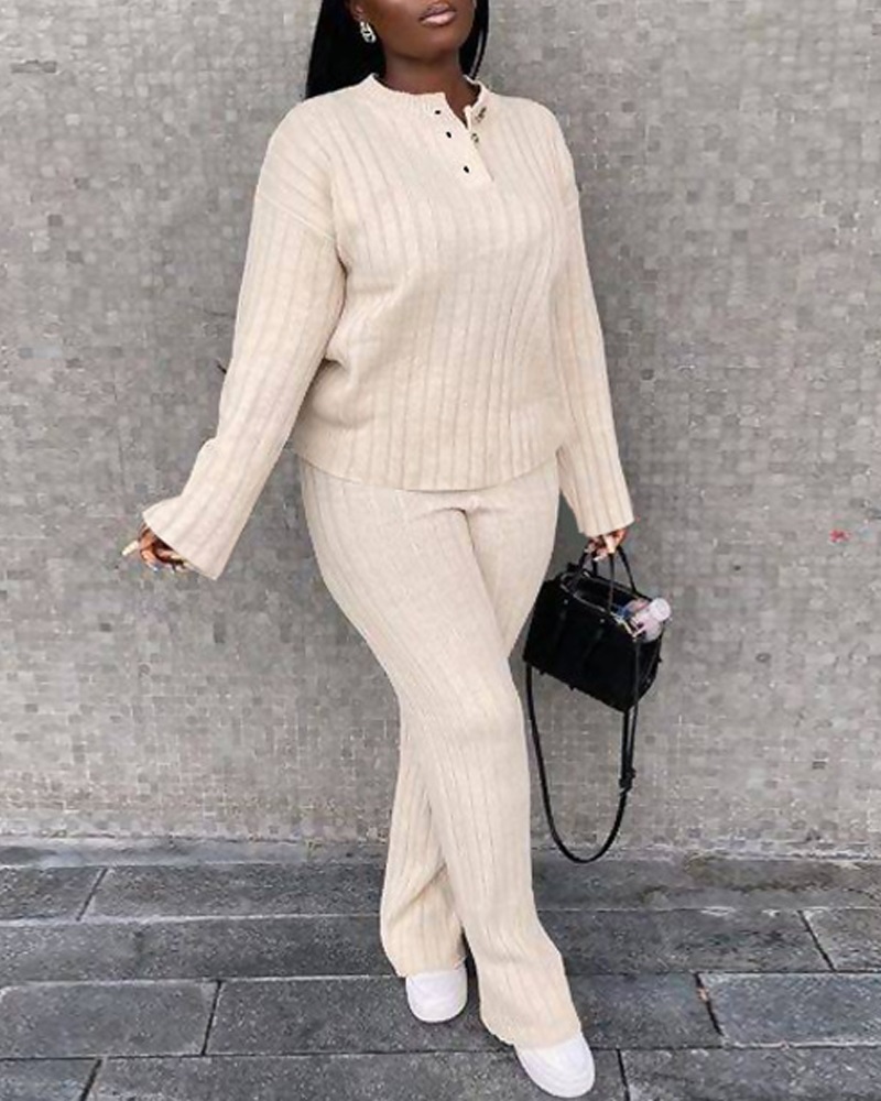 

Button Detail Long Sleeve Top & Pants Set, Beige