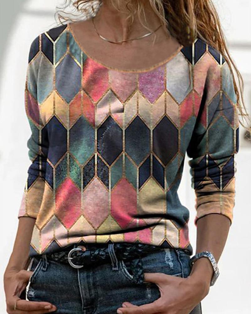 

Round Neck Long Sleeve Abstract Print Top, Multicolor