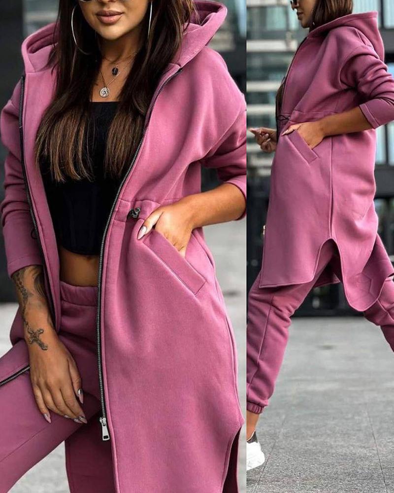 

Zipper Design Longline Hooded Coat & Cuffed Pants Set, Purple