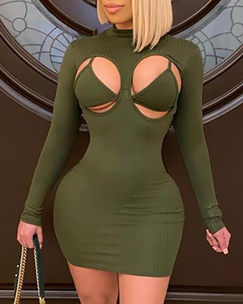 

Cutout Front Long Sleeve Bodycon Dress, Green