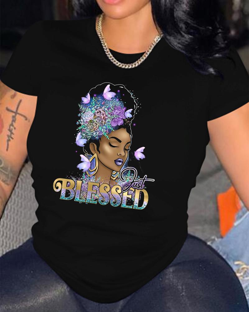 

Figure Letter Butterfly Print Casual T-shirt, Black