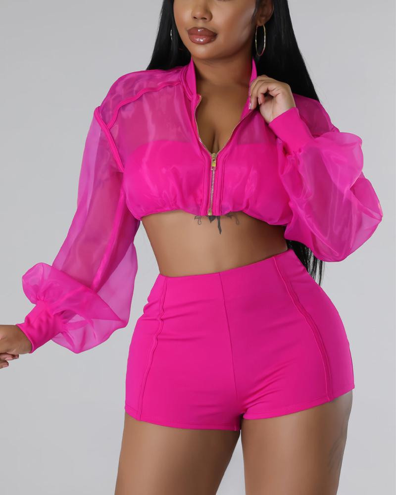 

Sheer Mesh Lantern Sleeve Zip Up Crop Top & Shorts Set, Hot pink
