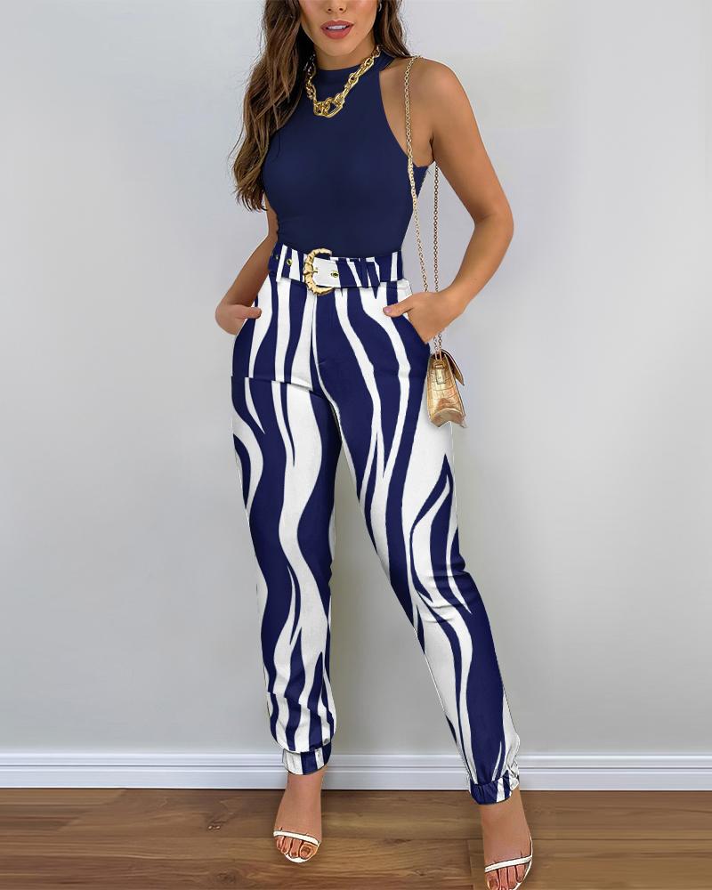 

Sleeveless Top & Abstract Print Cuffed Pants Set, Blue